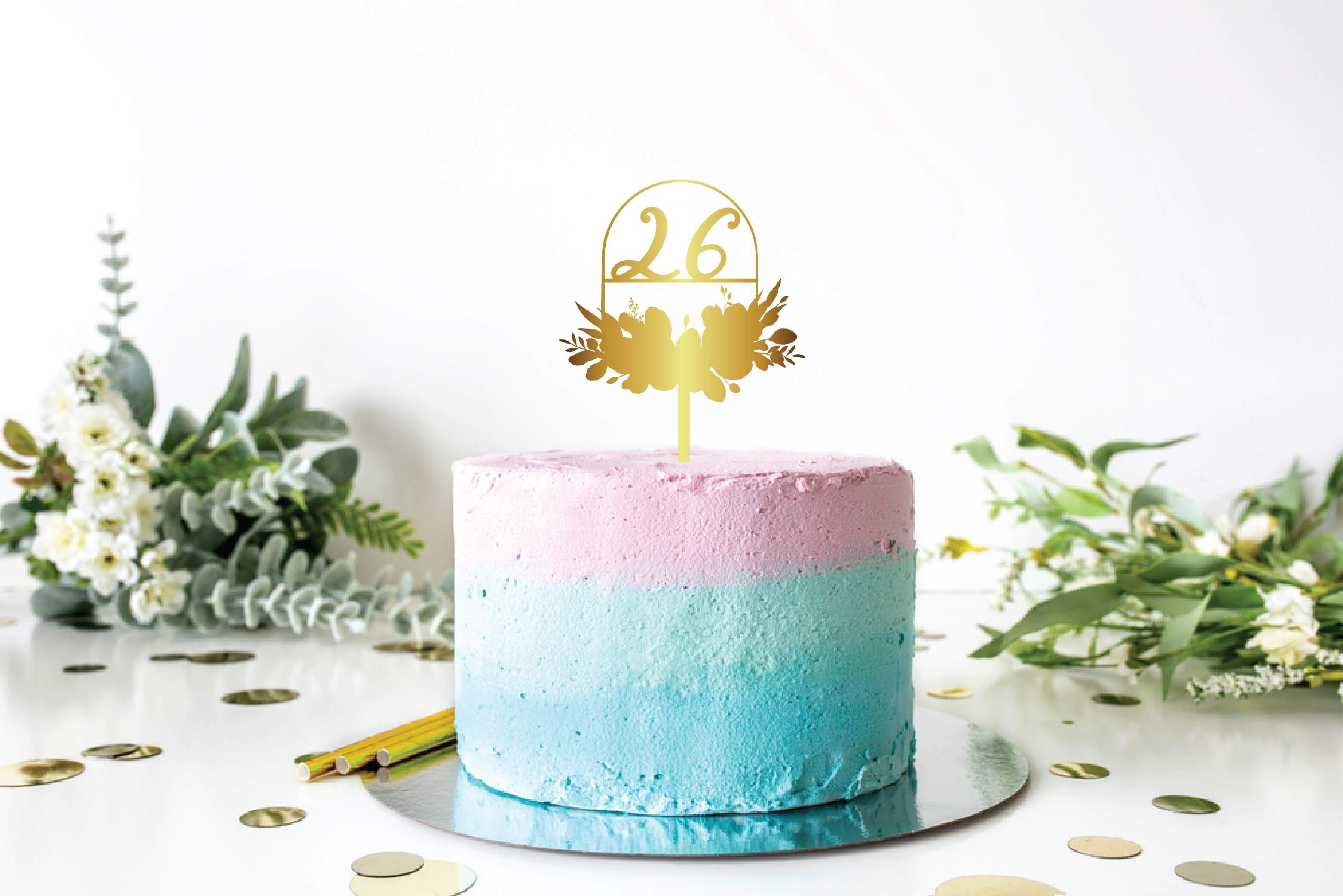 '26' Floral Design Gold Cake Topper