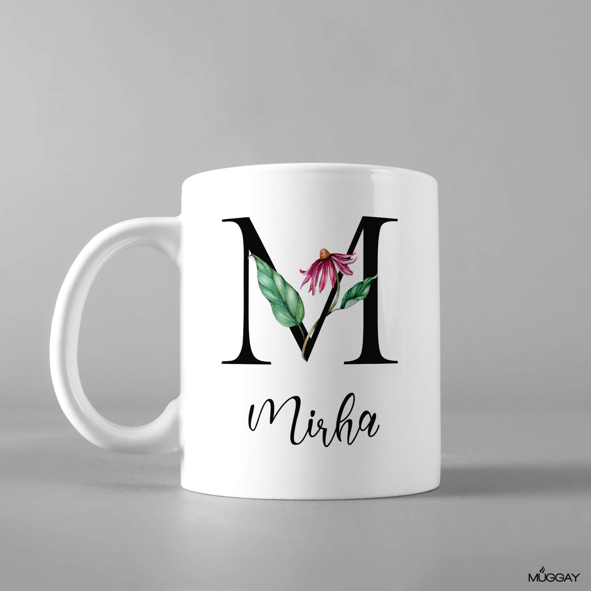 Black Text, Pink Flower  Monogram Mug
