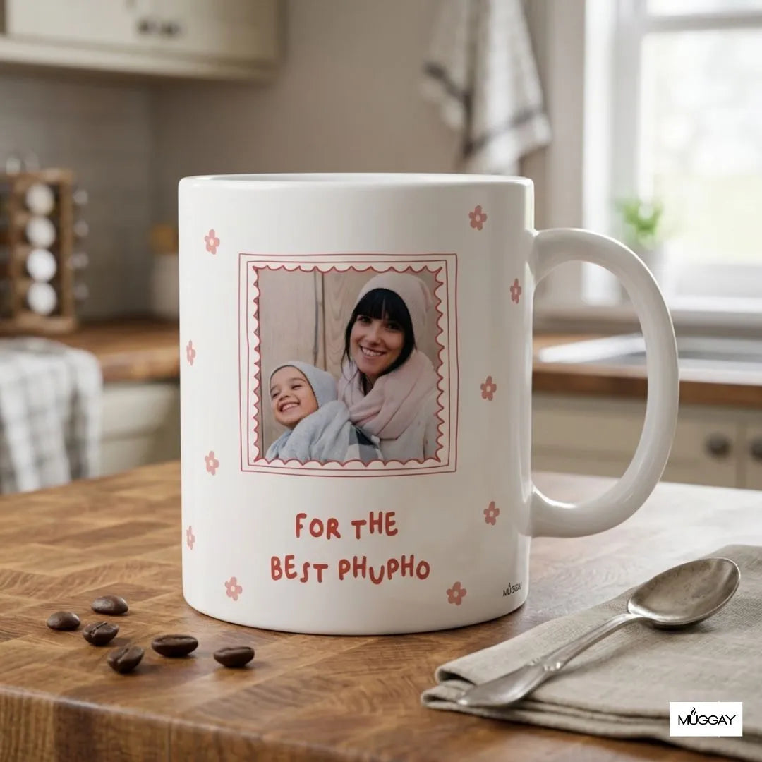 customized photo mug for phuphos featuring an image of your choice and cute floral design. 