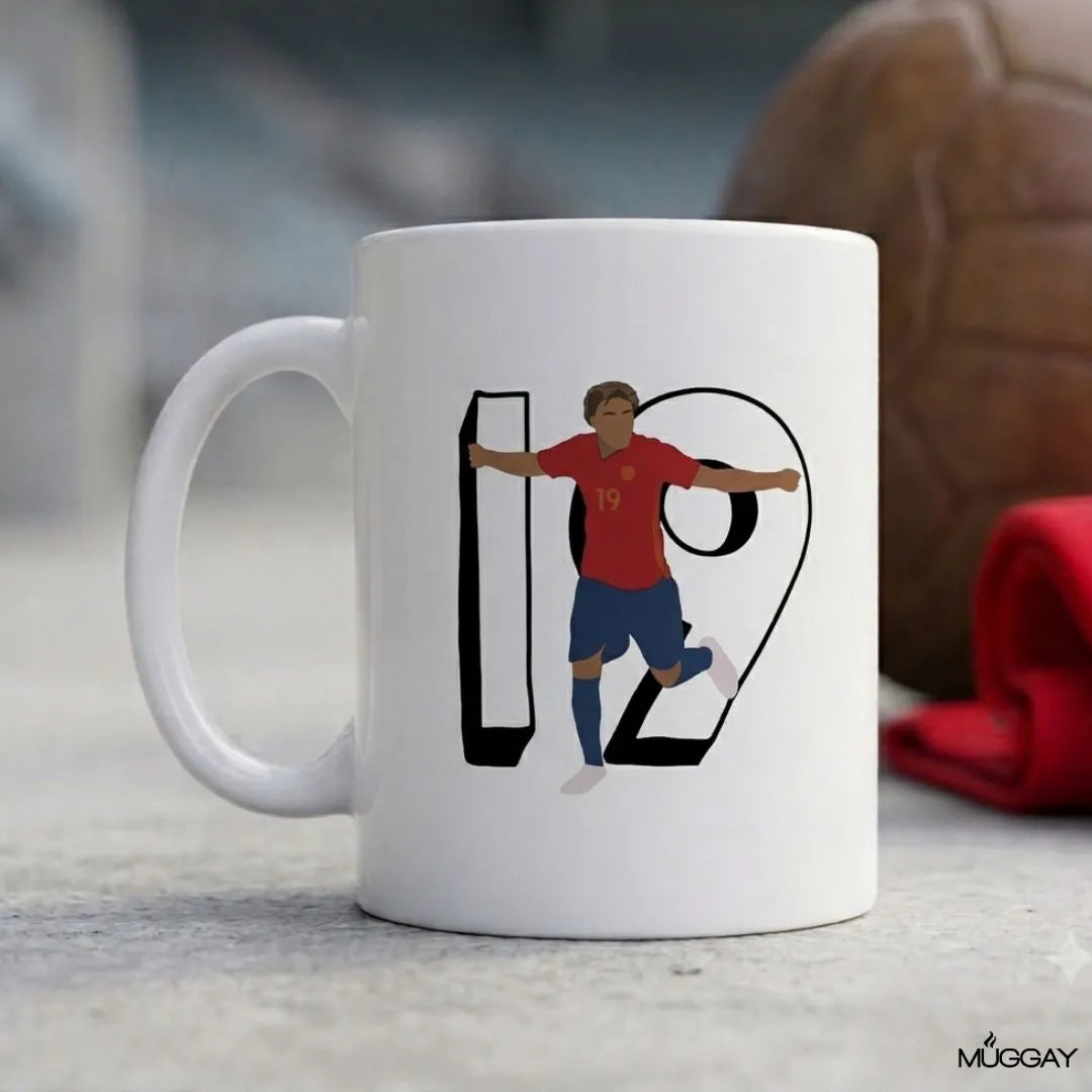 Football prodigy Lamine Yamal mug in vibrant colors with minimal design. 