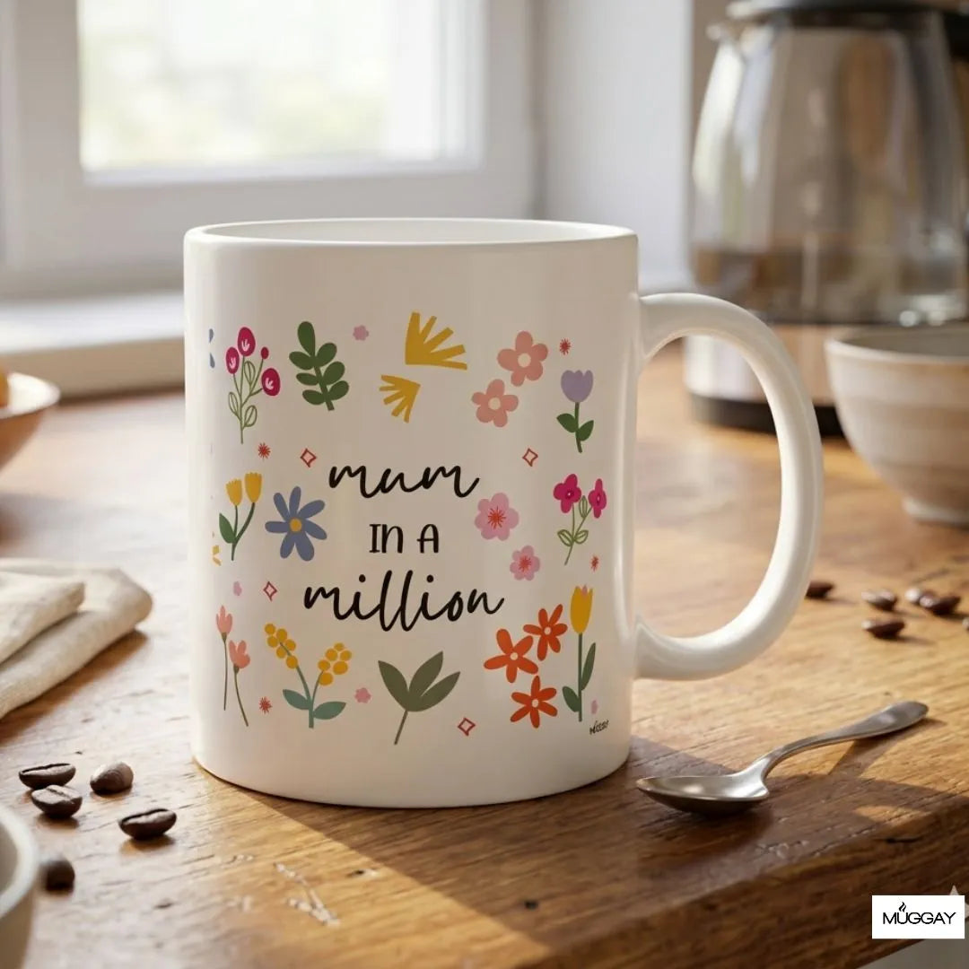 Floral mug design with the text mum in a million. The perfect gift for mothers. 