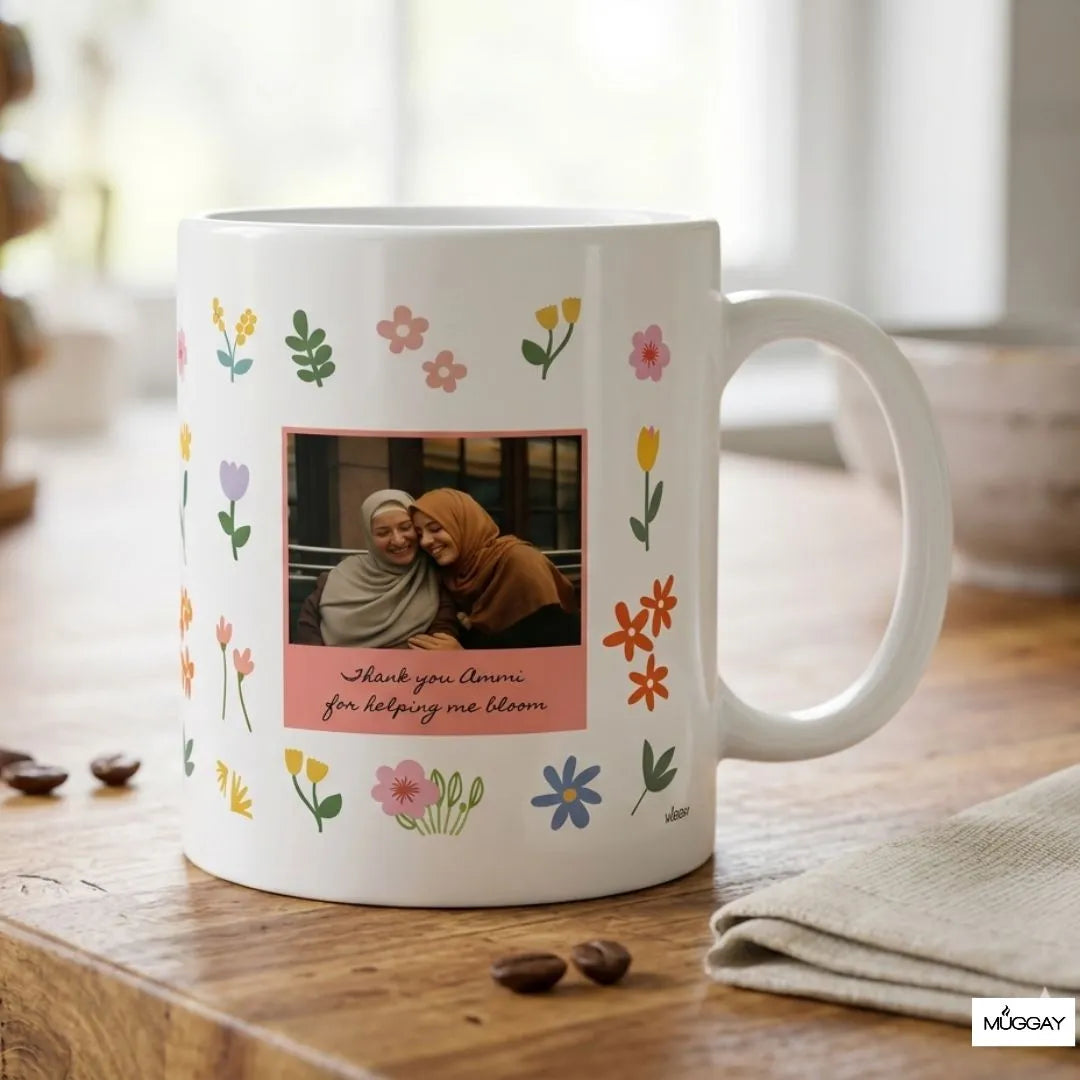 Floral design on a customized mug with image. 