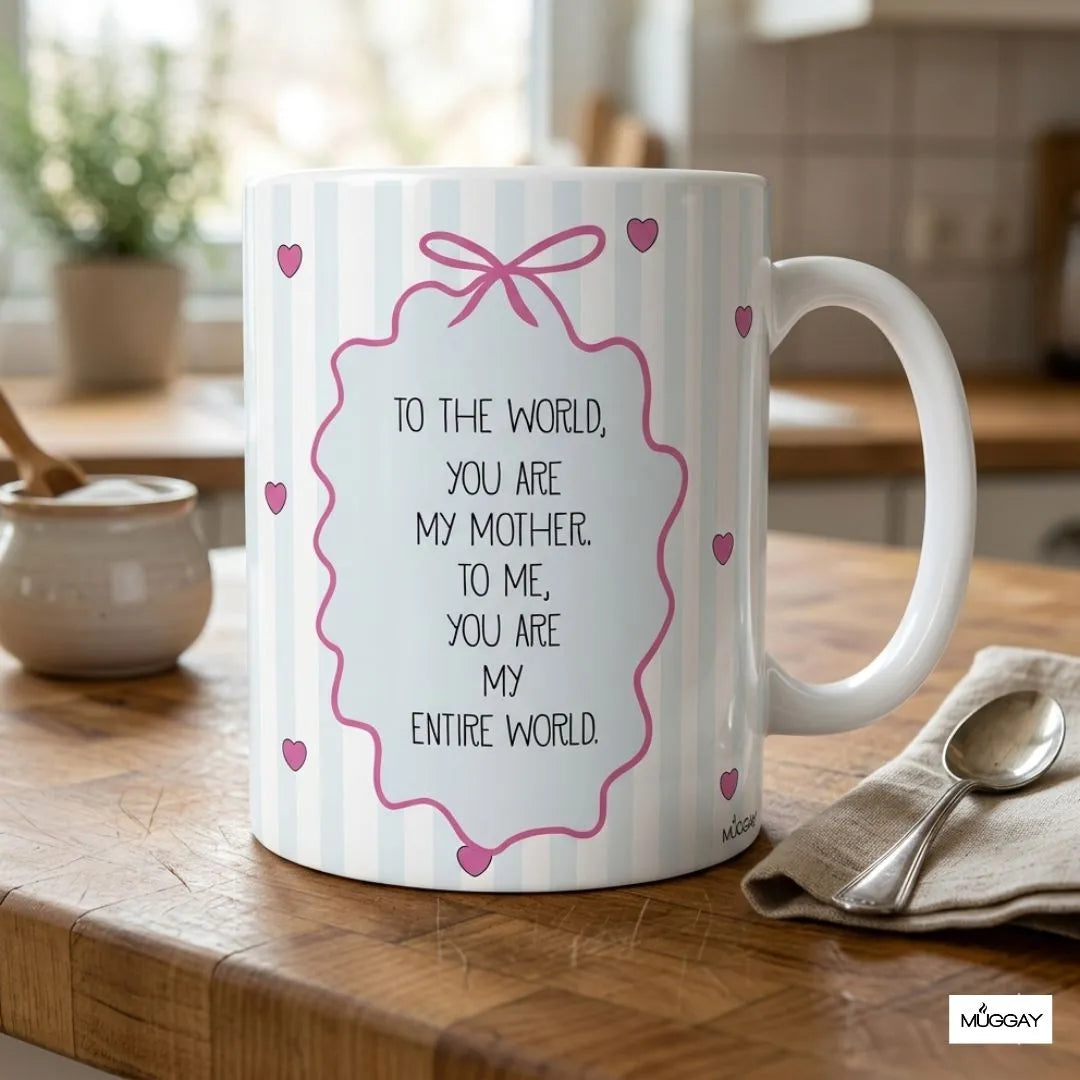 A cute mug with an emotional quote: to the world you are my mother, to me, you are my entire world. 