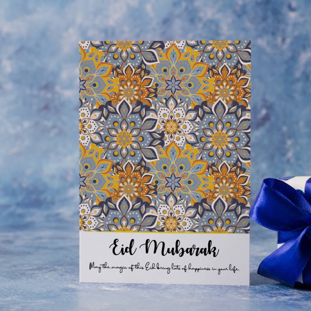 Yellow and Blue Eid Mubarak Card